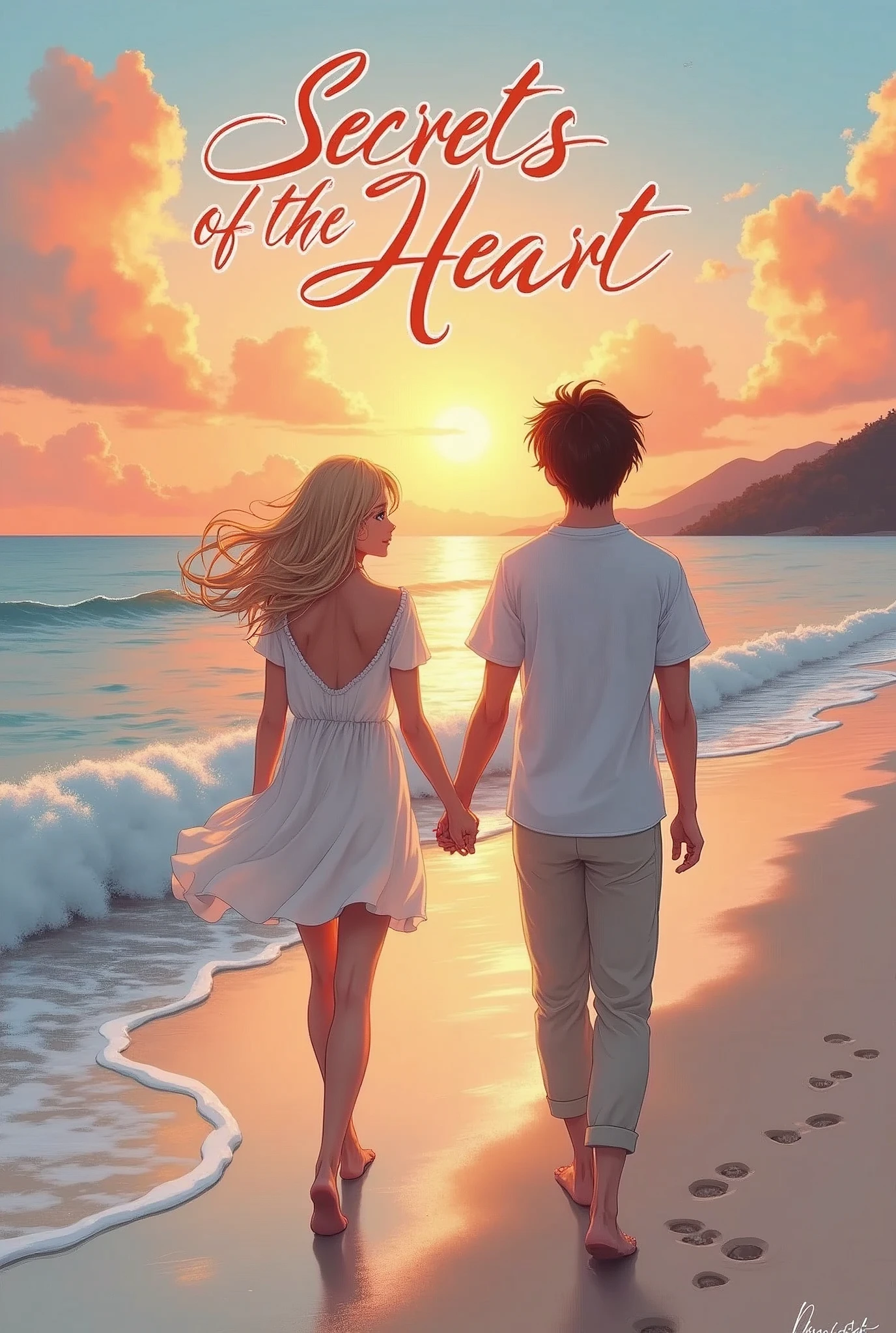 create my Cover of the book "Secrets of the Heart"

The background image is a beautiful view of Ishigaki Island at sunset, with its warm shades of orange and pink reflecting in the calm ocean waters. The sand on the beach is pure white, which adds contrast and highlights the colors of the sky.

In the foreground, Mia and Saki are seen walking hand in hand along the shore. Mia is on the left of the image. She is a woman of striking beauty and slender figure. Her blonde hair flows with the sea breeze and her blue eyes shine with the reflection of the setting sun. She is wearing a light summer dress that flutters gently in the wind, accentuating her beautiful figure.

At his side, Saki walks with a relaxed posture, denoting comfort and a calm presence. His brown hair is slightly messy from the breeze, and he wears glasses that give him an intellectual air. His clothes are casual, a short-sleeved T-shirt and linen pants that complement his "normal body", neither very thin nor very robust.

They are both barefoot, and you can see how their footprints are left in the wet sand as they walk. The couple seems immersed in an intimate conversation full of complicity, which suggests the theme of the book: the deep secrets and emotions of the heart.

The title "Secrets of the Heart" is written with an elegant and subtle typography, located at the top of the cover. The author's name appears at the bottom, ensuring that attention is not distracted from the central scene.

The overall composition conveys a sense of romance, mystery, and a deep connection to the place around them, inviting the reader to immerse themselves in the pages to discover the secrets that Mia and Saki share on the island of Ishigaki.
