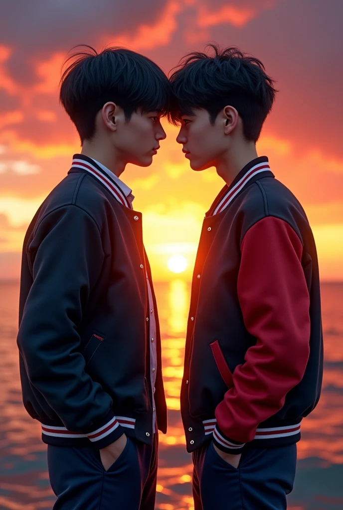 The cover of a book.
Two teenage boys, dressed in dark blue suit-type trousers.
A black varsity jacket with red sleeves facing each other with serious expressions. The lines of the jacket are white except for the pockets..
Both with black hair.
One of the boys is a little shorter than the other.
In the background a sunset.
The boys have North American features.
Super realistic textures