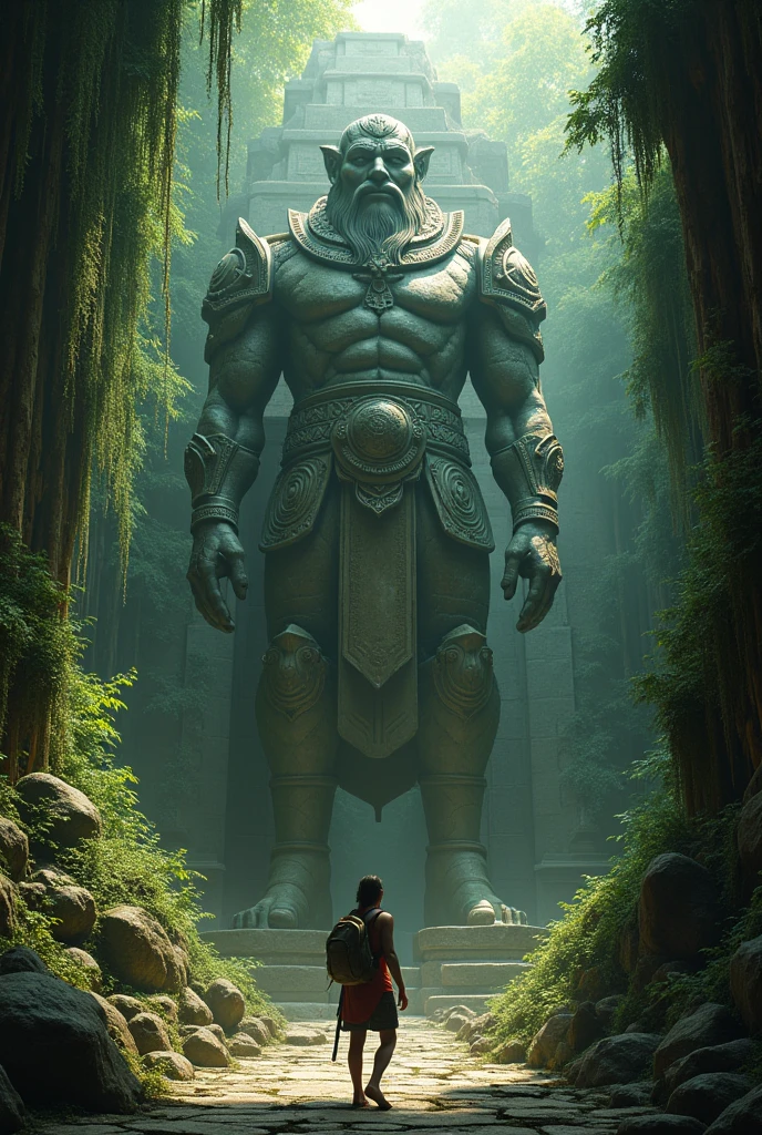 A grand, ancient statue stands at the entrance of a hidden temple deep within a jungle. The statue, depicting a mythical guardian with elaborate armor and an imposing, serene expression, is covered in moss and vines, with intricate carvings visible on its surface. Soft, green light filters through the dense canopy above, highlighting the statue’s details and casting long shadows across the stone floor. The explorer approaches the statue, gazing up in awe, with a sense of reverence and curiosity. The scene evokes a feeling of ancient power and forgotten history, setting the stage for the mysteries that lie ahead.