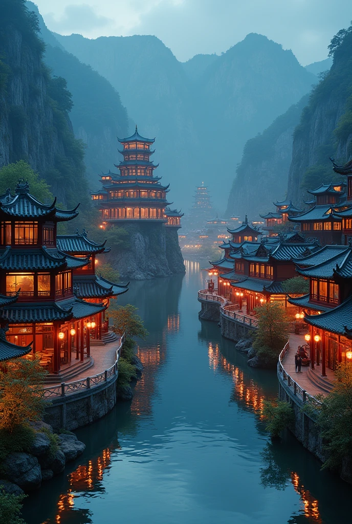 usy asian shops chinese style with a winding river canal like venice curved in s shape, in the middle focal point big rounded pagoda in an island surrounded by the river epic scale, background is castle in the mountains, night time