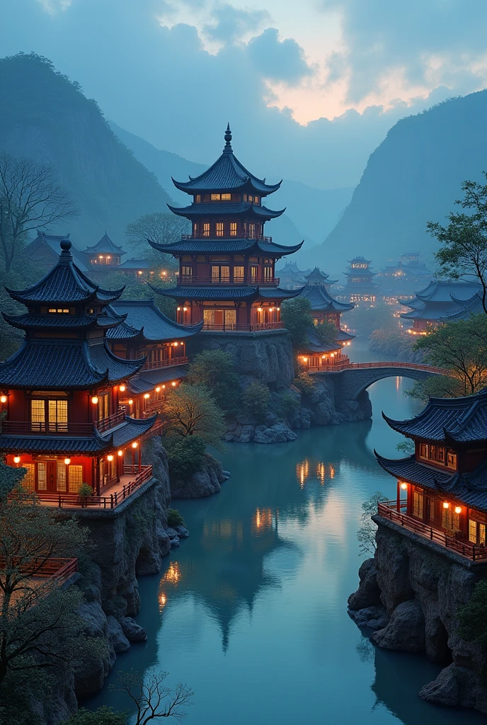 usy asian shops chinese style with a winding river canal like venice curved in s shape, in the middle focal point big rounded pagoda in an island surrounded by the river epic scale, background is castle in the mountains, night time