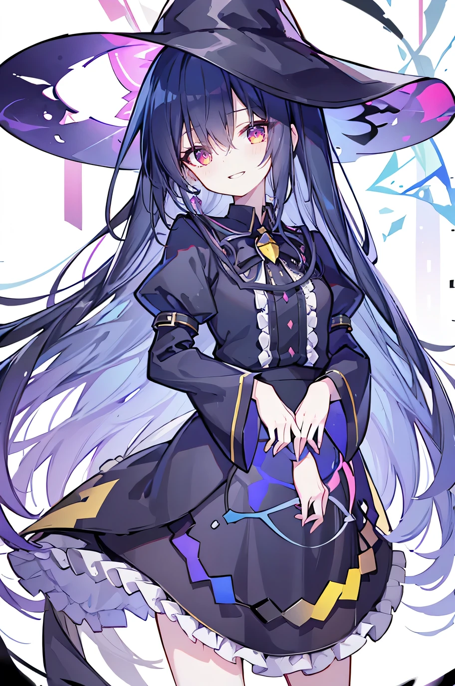 oung Girls,Humanity,A magician always smiles,big witch hat,cute,dark blue long hair,The eyes are dull,The bangs are heavy,Thin eyebrows,fantasy,intake,Double teeth,Star Theme,Constellation pattern,Solid color clothetal decoration,cloak,A bit of a dark atmosphere,A little crazy smile,When the big moon shines outside at night,blood,Hair black star embellishment,Short tie,No nails,High waist skirt,Bell sleeves,Long-sleeved shirt,Black tie,low risk,gentlemen。Mist、Yellow and white effect,Shocking pink as an accent color