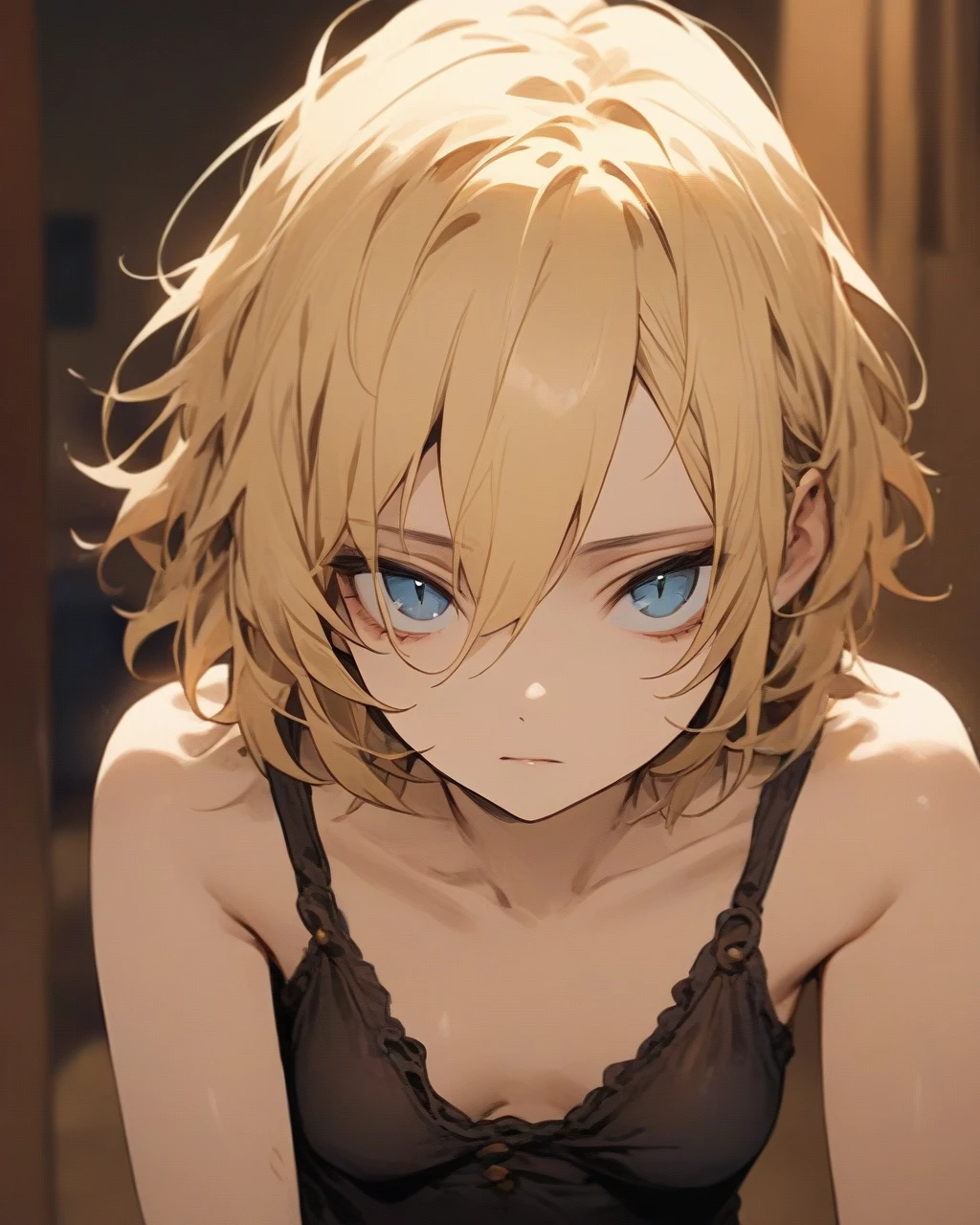 masterpiece,highest quality,1girl,blonde hair,short hair,(disheveled hair),blue eyes,sharp eyes,slanted eyes,slit pupils,medium breasts,prostitute,brothel,clear face,expressionless,