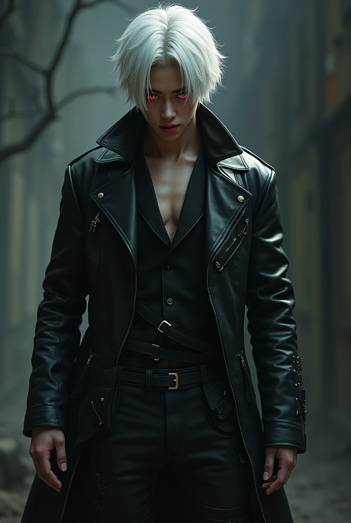Asian man in his 20s, White hair, red eyes, fangs and Blade the Vampire Slayer clothing.