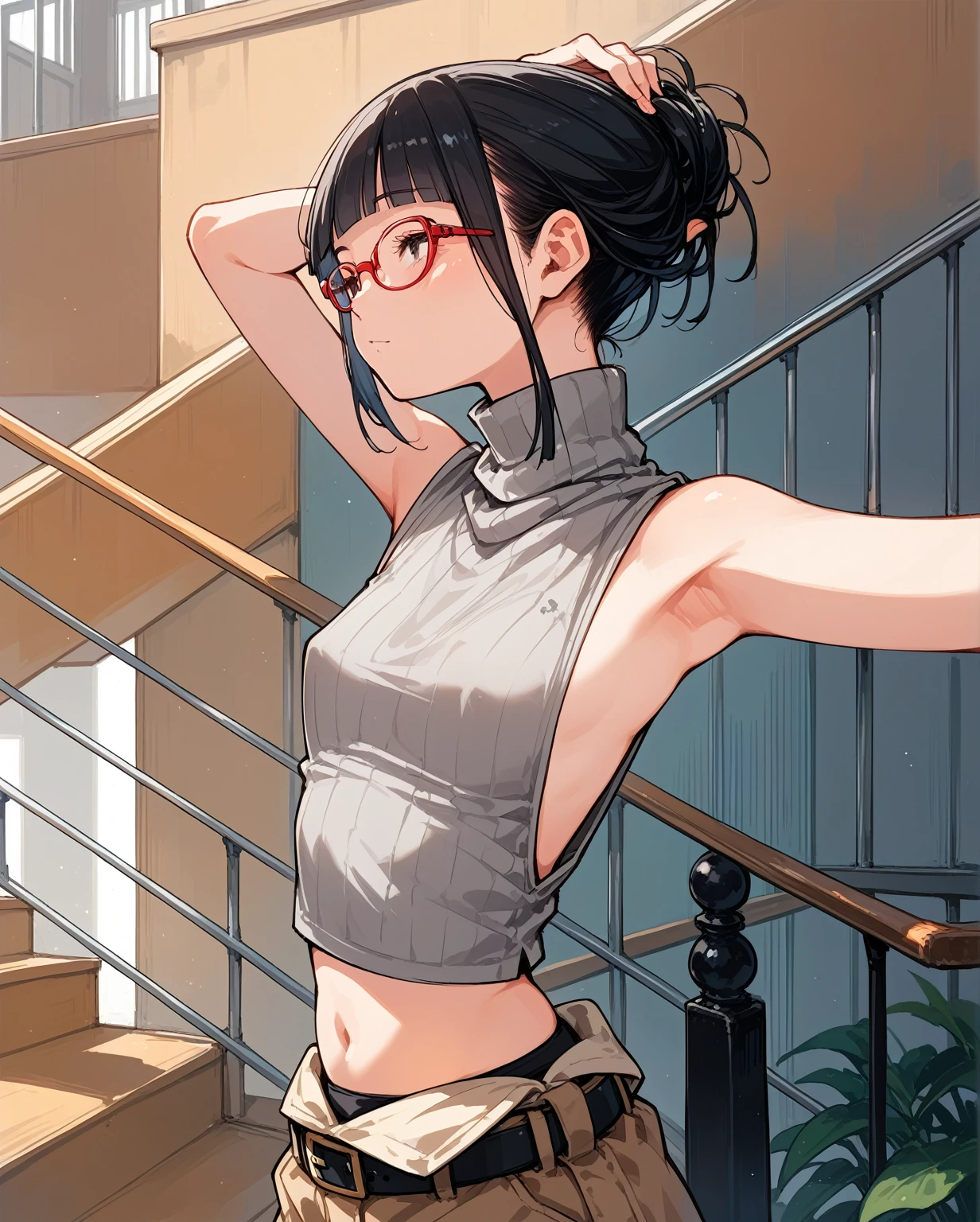 胸元が開いたデザインのSleeveless turtleneck,Exposed chest、Exposed flanks,sexy,Flat Chest,Focus on your audience,Very thin body,Anime Style,Slim figure,delicate,Glasses,Asian woman wearing grey top and black pants posing on stairs, Sleeveless turtleneck_With dowel, 脇が大きく開いているSleeveless turtleneck_Relaxed back design,rib cage,Side bust,Shoulders are wide open,sexyなWearing a crop top, Photo of slim girl model, Chiho, T-Top, shikamimi, Wearing a crop top, Real life anime girls, Kurohime cut hair, Chassis, 2 4-year-old female model