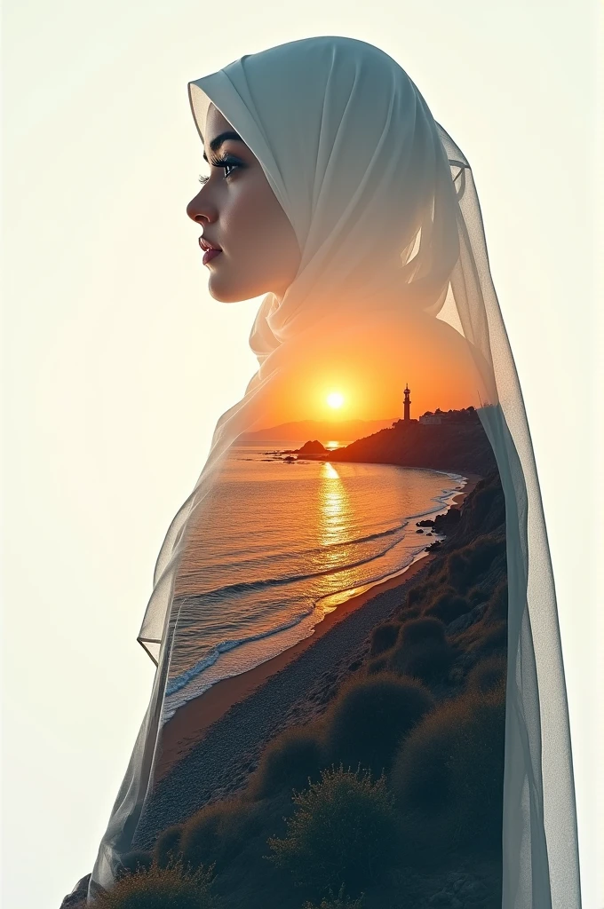 high quality, 8K Ultra HD, A beautiful lady wearing hijab double exposure that combines an goddess silhouette with sunset coast, sunset coast should serve as the underlying backdrop, with its details incorporated into the goddess , crisp lines, The background is monochrome, sharp focus, double exposure, by yukisakura, awesome full color,