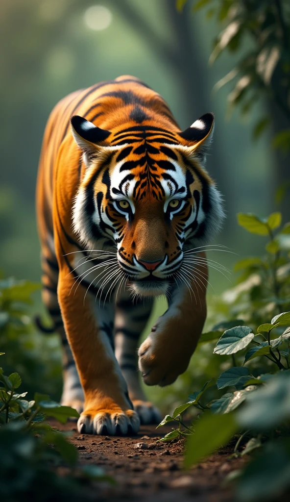 A tiger crouched low, waiting to strike, modern day, in the jungle with a mix of light and shadows, partially obscured by vegetation, its stripes making it almost invisible, action shot, hyper-realistic, photo realism, cinematography --ar 9:16.