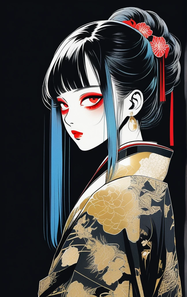 (best quality, sketch:1.2),realistic,illustrator,anime,1 girl, detailed lips, kimono,custom, black and gold gradient background,neon hair,textured cropping, masterpiece, style retro classic, noir style 、An illustration、art、70s horror movie posters, Supervised by Junji Ito、High detail, Realistic Shadows、Analog Style, chromatic aberration, Surrealism、Complementary Gradient