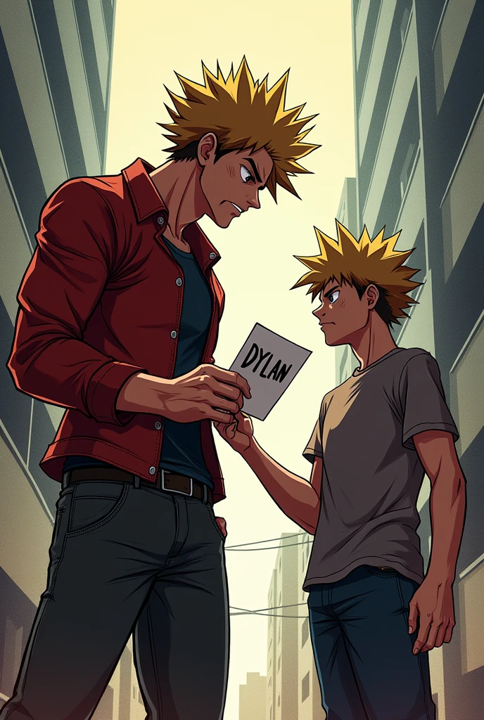 Bakugou giving him a piece of paper that says "DYLAN"