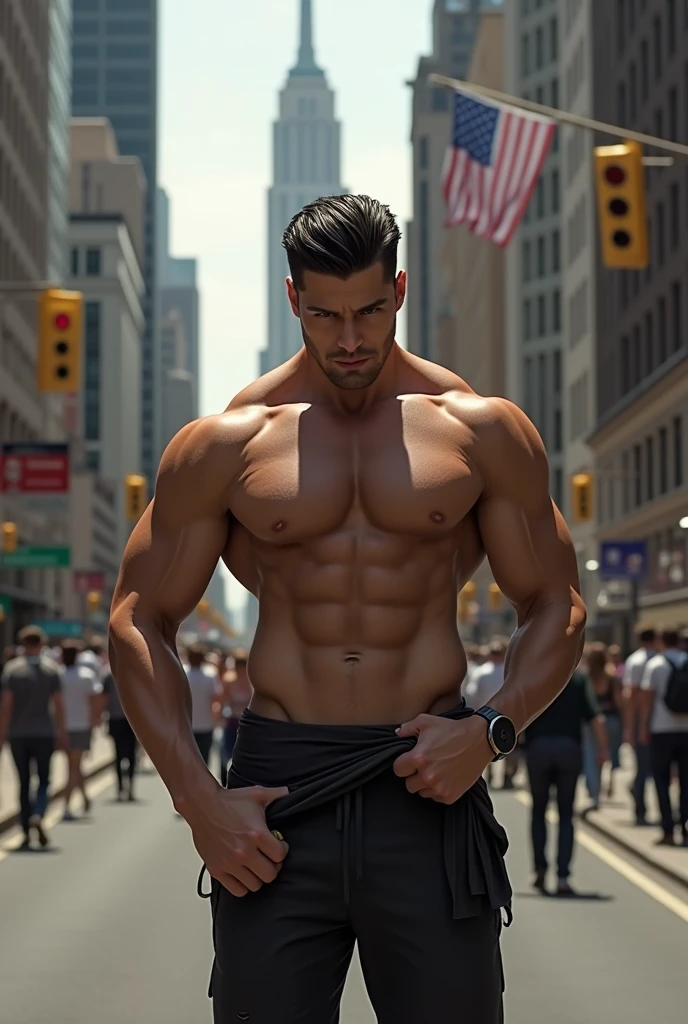 Muscular man black hair no hairy body get naked on street