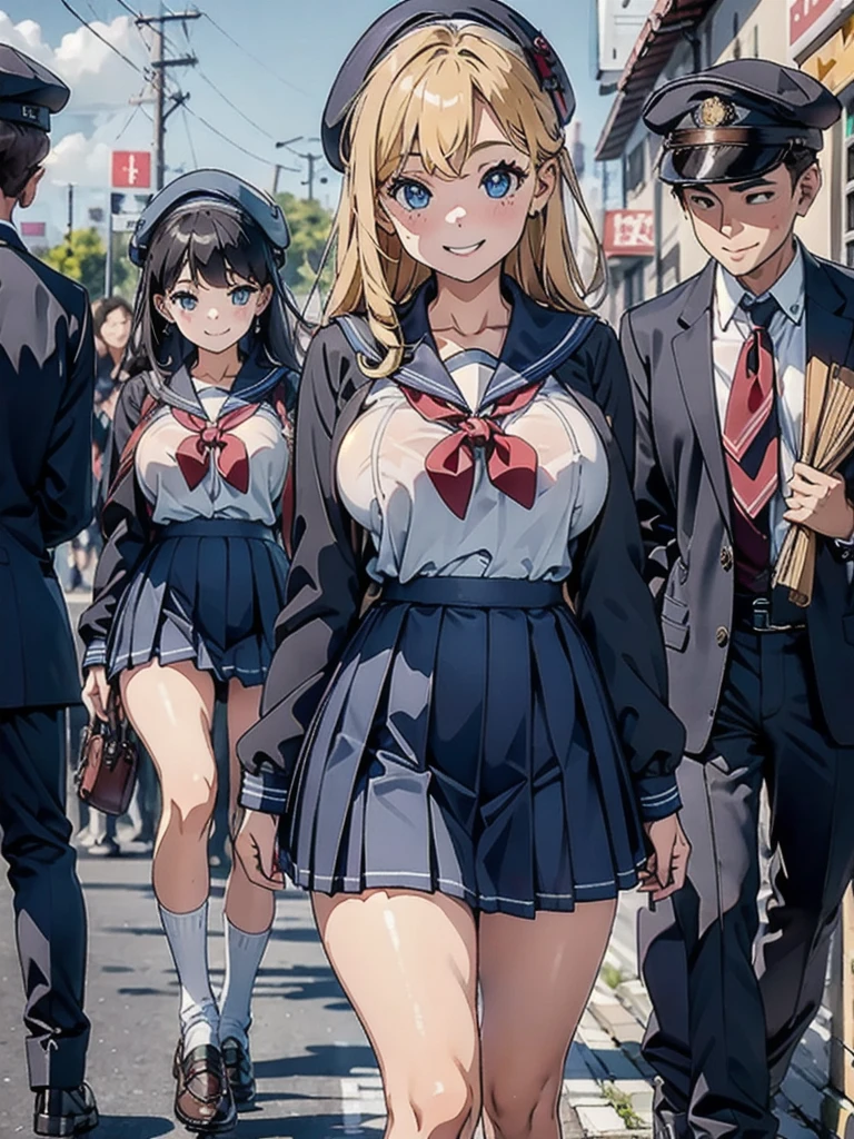 pretty girl、daily、Group photo、Smiling face、Boob proportions,Sailor suit、mini skirt、beret
