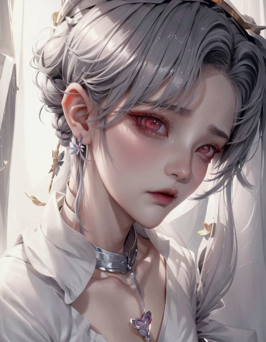 a close up of a person with a white shirt and silver hair, an anime drawing inspired by Yanjun Cheng, trending on pixiv, digital art, delicate androgynous princess, beautiful girl in demon slayer art, beautiful androgynous princess, she has dark grey hairs, stunning anime face portrait, female anime style, artwork in the style of guweiz, Female, Small face, heart shaped lips, arched eyebrows, pure white skin, soft features, snub nose, heart shaped face, long eyelashes, soft hue of eyeshadow, thin chin, light gray eyes, Hooded eyes, sleepy eyes, dilated pupils, long Wavy hair, dark gray hair, strands of light gray highlights, Resting bitch face, looking like a fairy
Age: 22
