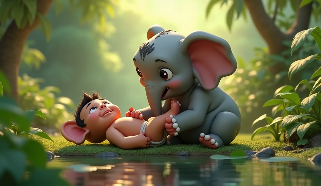 In cinematic 3D cartoon style. Fourth Image: Illustrate Bunty lying on the ground, holding his leg in pain after falling. Ganesh is gently lifting Bunty with his trunk, his expression full of care and concern. The jungle around them is tranquil, with a nearby pond visible.