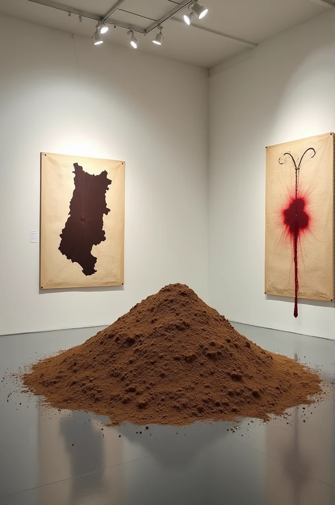 Work of art in a room, where in the center there is a pile of dry earth measuring 5 meters by 5 meters, alluding to the territorial drought , On the wall a silkscreen of the country Chile , along with a blood stain in the 5th region