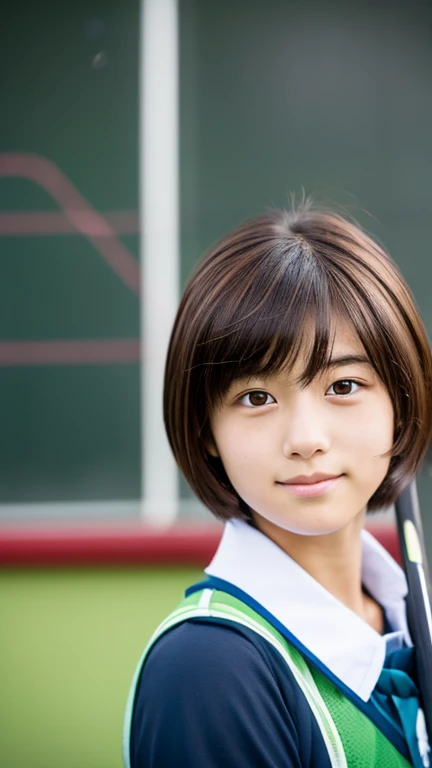 Japanese female junior high school student who is a field hockey player、Boyish ultra-short hair、Dark brown hair color、I'm extremely sunburned、Sexy Uniform、masterpiece、High resolution、high quality、realism