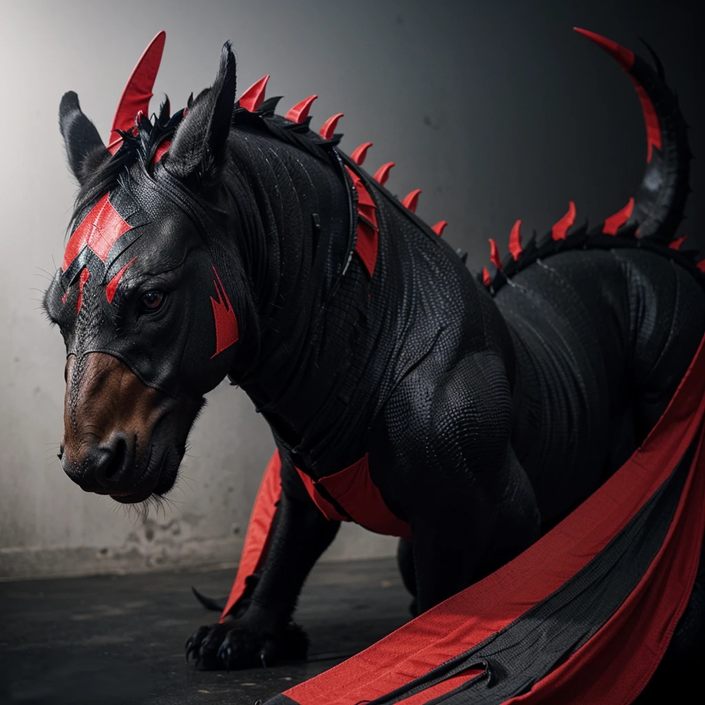 A black dragon with red stripes