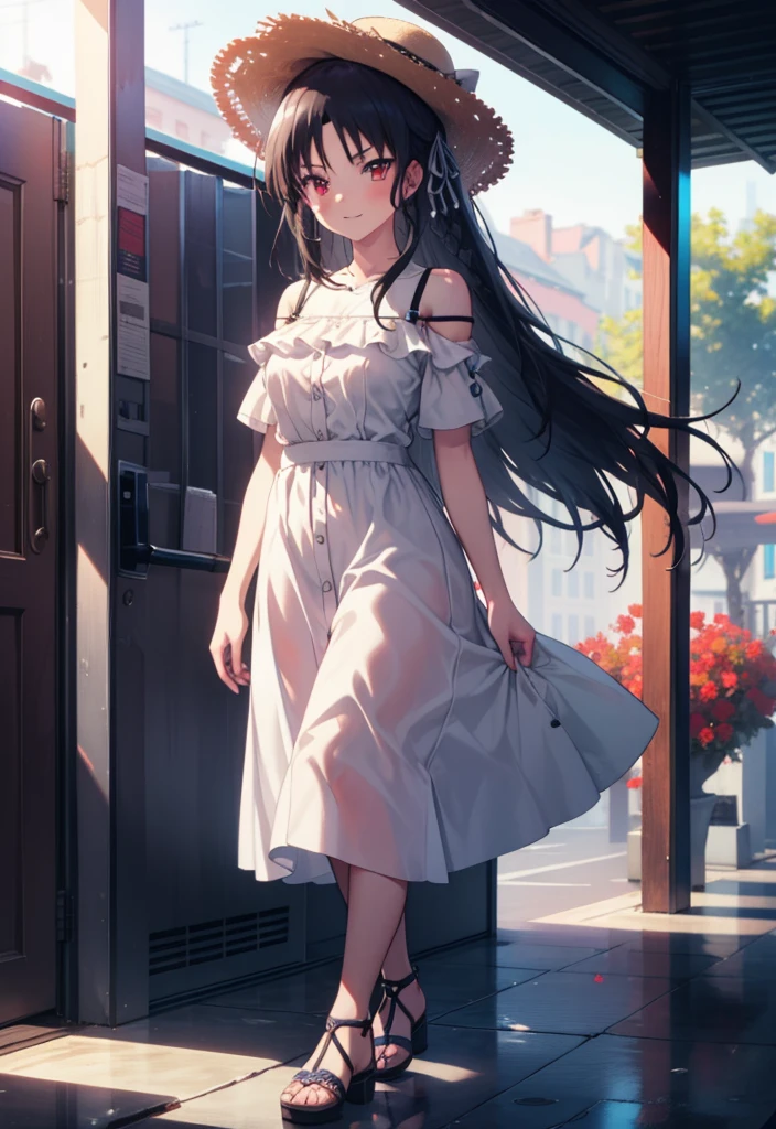 Suzune Horikita, suzune horikita, Long Hair, Black Hair, (Red eyes:1.3), Hair Ribbon, Braiding,blush,smile,Straw hat,Cold Shoulder Shirt,Short sleeve,Long skirt,Cute heeled sandals,Walking,whole bodyがイラストに入るように,
break outdoors, Building district,
break looking at viewer, whole body,
break (masterpiece:1.2), Highest quality, High resolution, unity 8k wallpaper, (figure:0.8), (Beautiful attention to detail:1.6), Highly detailed face, Perfect lighting, Highly detailed CG, (Perfect hands, Perfect Anatomy),