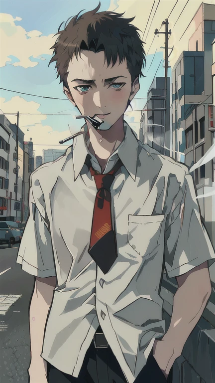 arafed man in a shirt and tie smoking a cigarette, short sleeve, fight club, scene from fight club movie, edward norton, the narrator, (1 male, Adult male, 30 years old),cigarette in his mouth, amazing, complex scene, charlie cox, taking a smoke break, stony, glen, very realistic film still, with a cigarette in its mouth, smug look, cigarettes, hidden the hand on pocket pants, smug look, cowboy shot,