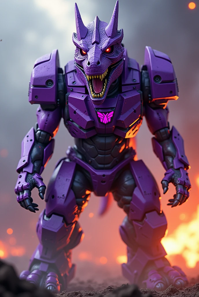 Megatron beast wars. Megatron t rex concept. realistic cinematic t-rex dinosaur head,muscular purple robot,glowing energy sparks, dramatic lighting, dust and devastation, cinematic camera angle, best quality, 8k, highres, masterpiece, ultra-detailed, hyper realistic, physically-based rendering, vivid colors, HDR