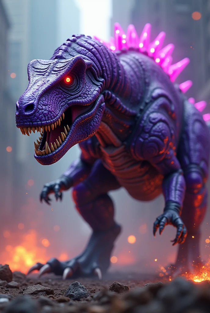 Megatron beast wars. Megatron t rex concept. realistic cinematic t-rex dinosaur head,muscular purple robot,glowing energy sparks, dramatic lighting, dust and devastation, cinematic camera angle, best quality, 8k, highres, masterpiece, ultra-detailed, hyper realistic, physically-based rendering, vivid colors, HDR
