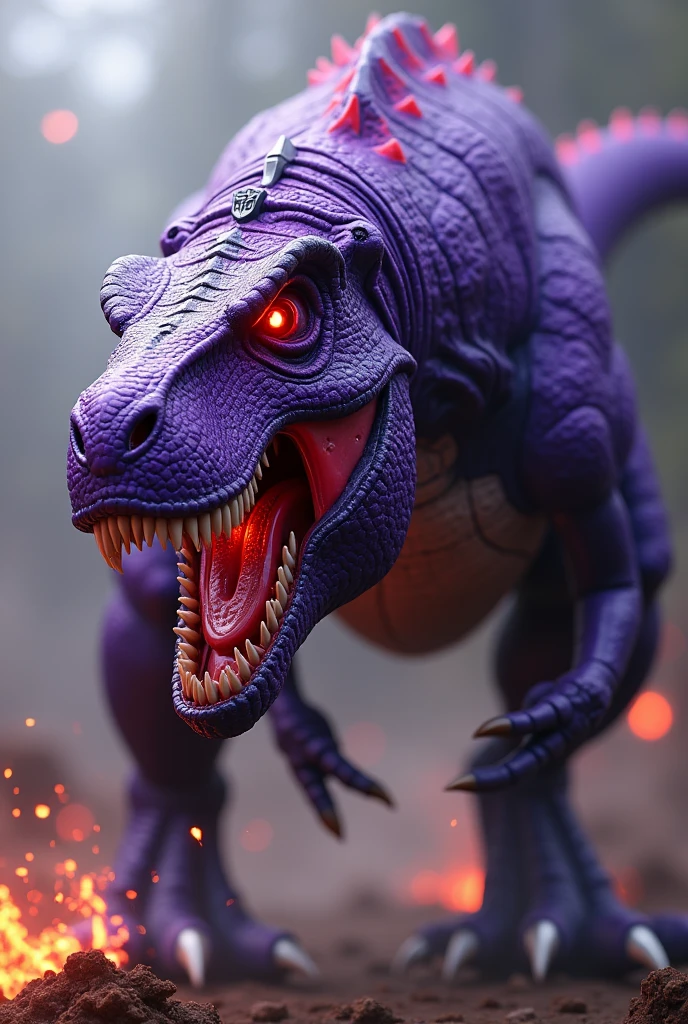 Megatron beast wars. Megatron t rex concept. realistic cinematic t-rex dinosaur head,muscular purple robot,glowing energy sparks, dramatic lighting, dust and devastation, cinematic camera angle, best quality, 8k, highres, masterpiece, ultra-detailed, hyper realistic, physically-based rendering, vivid colors, HDR