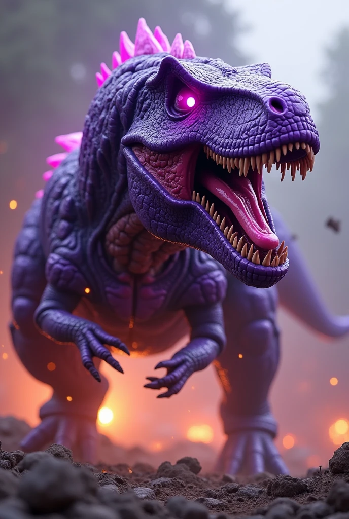 Megatron beast wars. Megatron t rex concept. realistic cinematic t-rex dinosaur head,muscular purple robot,glowing energy sparks, dramatic lighting, dust and devastation, cinematic camera angle, best quality, 8k, highres, masterpiece, ultra-detailed, hyper realistic, physically-based rendering, vivid colors, HDR