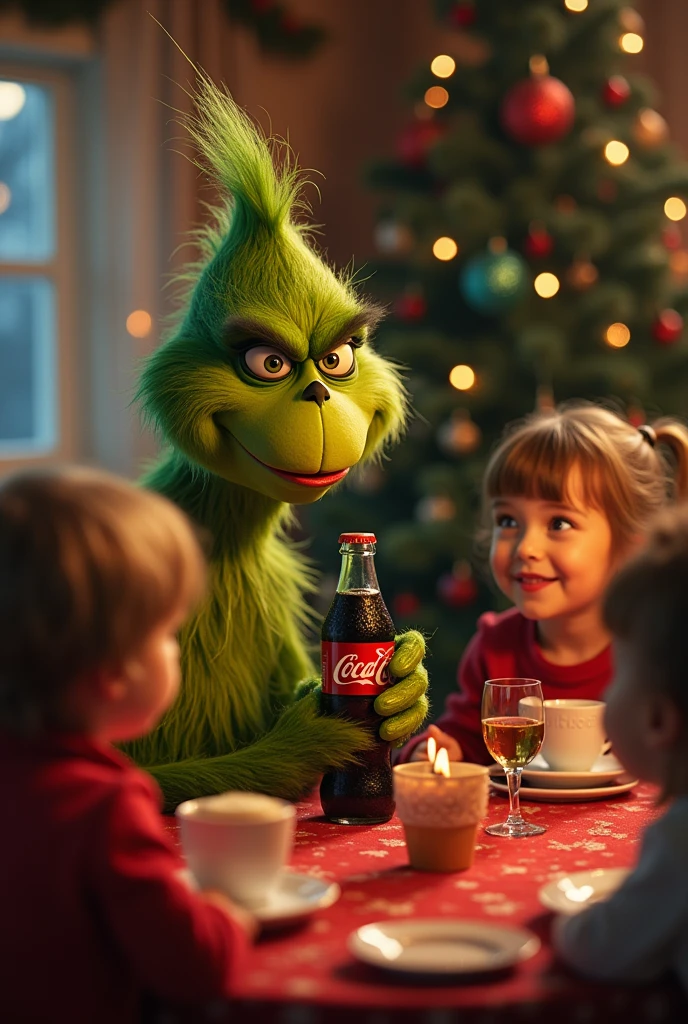 grinch and a family enjoying a bottle of coke at the table at christmas