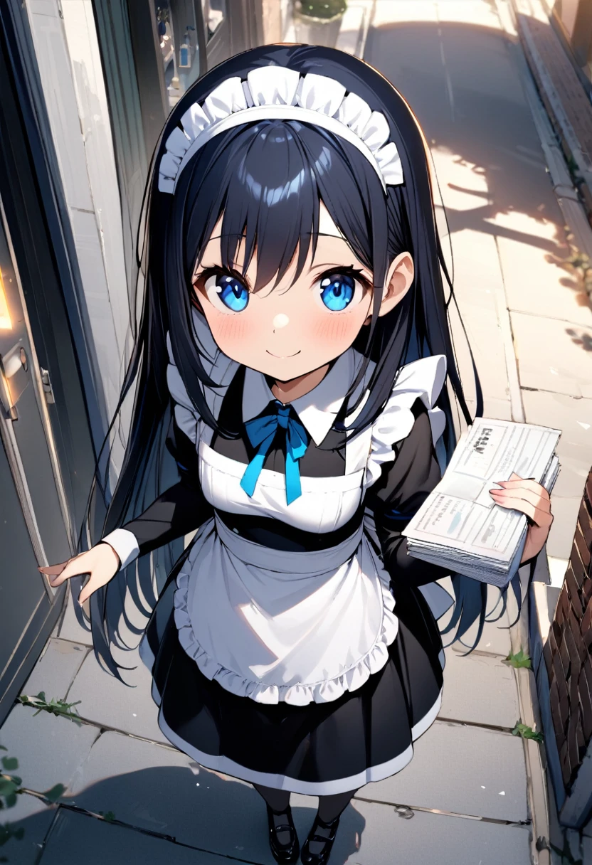 (((1girl))), (()), ((teenage)), ung girl)), ((young age)), ((16 year's old)), whole body, shout, medium breasts, ((maid apron)), (((straight hair))), (long hair), midnight blue hair, blue eyes, tareme, smile, Distributing papers, Handing out papers, maid, maid headdress,street, from above, masterpiece, best quality, high details, anatomically correct, high quality