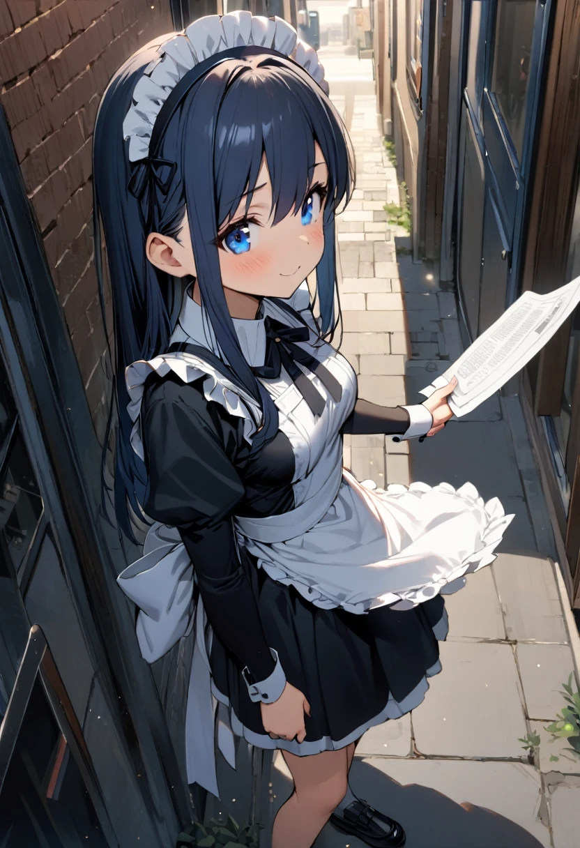 (((1girl))), (()), ((teenage)),  girl)), ((yoge)), ((16 year')), whole body, medium ts, ((maid apron)), (((straight hair))), (long hair), midnight blue hair, blue eyes, tareme, smile, Distributing papers, Handing out papers, maid, maid headdress,street, from above, masterpiece, best quality, high details, anatomically correct, high quality