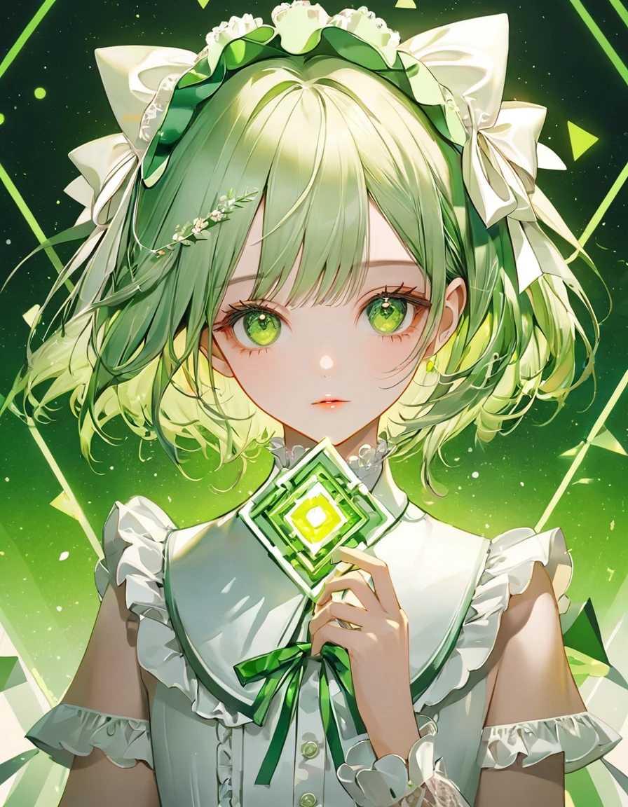(digital art:0.2),(geometric art:1.7),(top-quality),(masterpiece)(1 girl),(girl holding the clear yellow-green gemstone),Delicately drawn face,girl with a pretty face,beautiful detailed green eyes,green and white ta fashion,((green and white costume)),white skirt,(Beautiful silky green hair:1.2),white ribbon hair ornament,Film Lighting,abstract,a beautiful artistic illustration,green geometric background,(green mosaic),cowboy shot