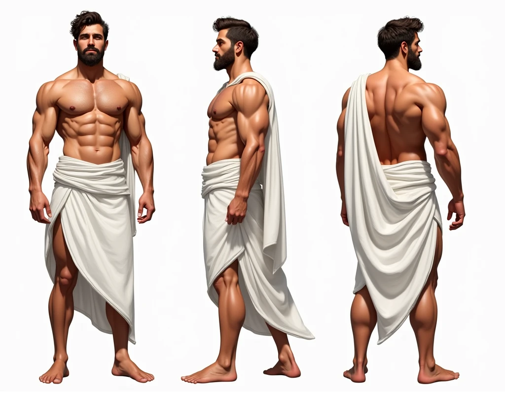 (masterpiece), ultra detailed, 3 views, character view (Front view, side view , back view), (detailed character sheet) , reference sketch of a god, 25 years, God of Greek mythology, His physical appearance is often portrayed as having a strong and muscular build., Wearing traditional Greek white clothing, like a loose tunic or chiton, Ultra-realistic, crisp, intricate details, intricate details, and style, Simple background illustration.