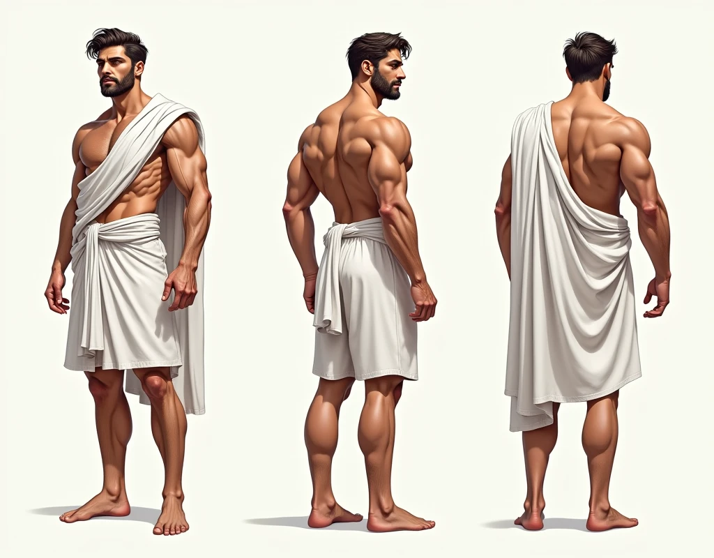 (masterpiece), ultra detailed, 3 views, character view (Front view, side view , back view), (detailed character sheet) , reference sketch of a god, 25 years, God of Greek mythology, His physical appearance is often portrayed as having a strong and muscular build., Wearing traditional Greek white clothing, like a loose tunic or chiton, Ultra-realistic, crisp, intricate details, intricate details, and style, Simple background illustration.