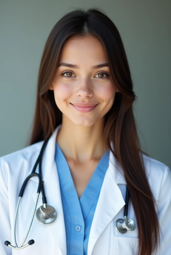 Front view image of a brunette girl with brown eyes, straight dark brown hair in doctor uniform for resume.