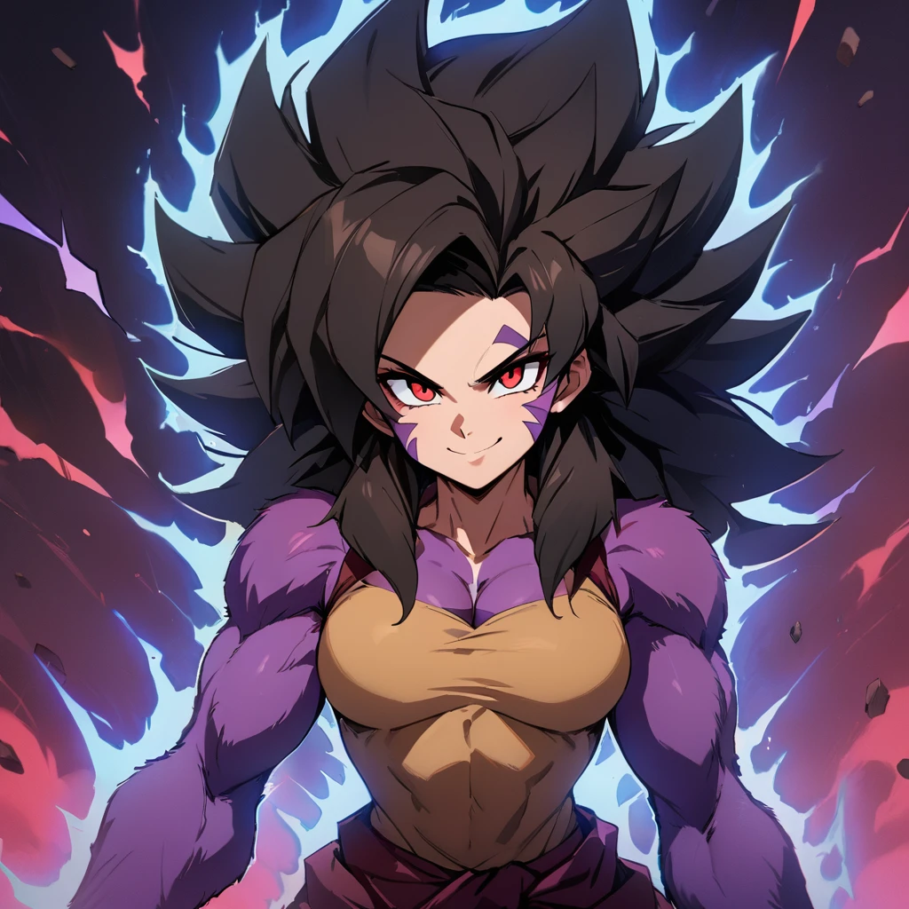 ((masterpiece,Best Quality)), (High resolution:1.1), detailed face, detailed red eyes,   arched ray, electricity, Aura, super_Saiyan_4, Girl,Dark colored Greek clothing , long black hair, body fur, purple fur, Alone, smile, presumed, tight_fist, looking at the viewer, cowboy shot,bright, Aura, energy, Haz, flying debris, by the floating, fluffy hair,