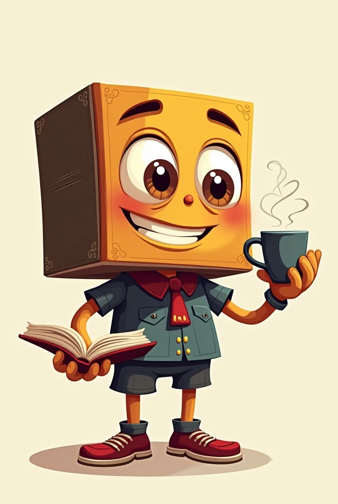 A mascot 2d image of a book head with big eyes, right hand holding a book, left hand holding coffee.
