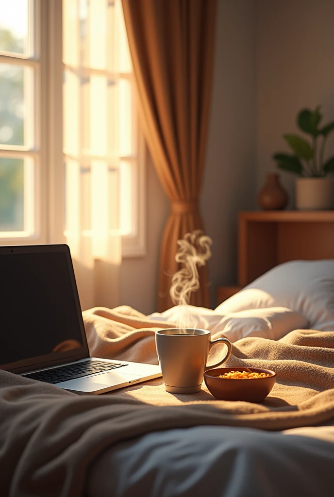 Organised room with lighting and food 
Noodles cup of coffee laptop bed 