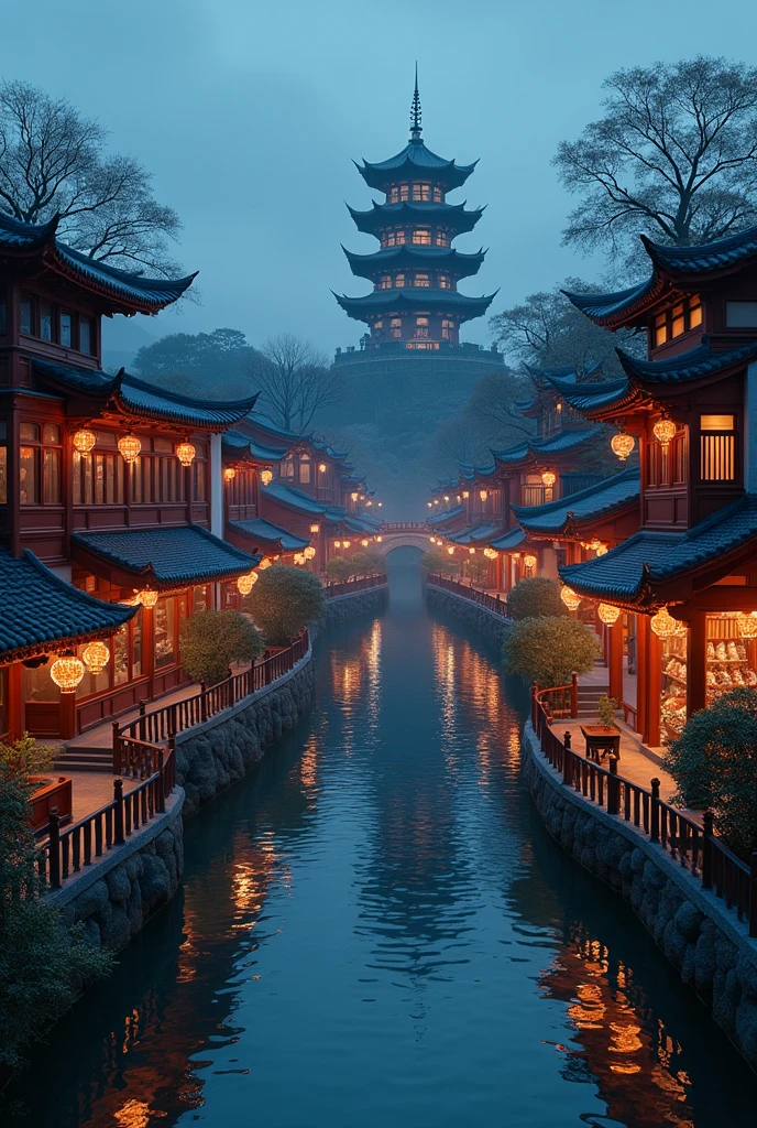 usy asian shops japanese chinese style with a winding river canal like venice curved in s shape, in the middle focal point big rounded pagoda in an island surrounded by the river epic scale,background is castle, night time