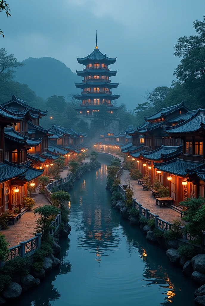 usy asian shops japanese chinese style with a winding river canal like venice curved in s shape, in the middle focal point big rounded pagoda in an island surrounded by the river epic scale,background is castle, night time