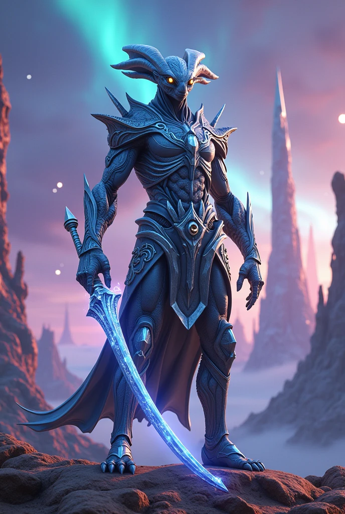 Create an image of an alien warrior from a distant planet el estilo es muy real en 3d, standing tall and imposing against the backdrop of a foreign, otherworldly landscape. The warrior's physique is powerful and distinctly non-human, with skin that shimmers in shades of deep blue and iridescent silver, covered in natural armor-like scales that offer both protection and a regal appearance. His eyes are large, glowing with an intense, otherworldly light, and his facial features are sharp and angular, hinting at a species bred for battle.

He wears intricately designed armor made of unknown alien metals and materials, with segments that pulse with bioluminescent energy, forming patterns and symbols unique to his culture. In one hand, he holds a massive, double-edged weapon that appears both ancient and technologically advanced, with energy coursing through its blade. His other hand crackles with energy, capable of harnessing advanced alien technology or mysterious powers.

The background reveals a vast, alien landscape with towering, crystalline structures and floating islands suspended in the air. The sky is a deep purple, streaked with vibrant auroras and multiple moons casting a surreal light over the scene. Strange, luminescent flora dot the terrain, adding to the sense of being on a planet far removed from Earth.

The atmosphere is intense and awe-inspiring, showcasing the warrior's readiness for battle, his connection to his alien environment, and the advanced, yet ancient, culture from which he hails. The overall impression is one of strength, mystery, and the formidable nature of a warrior from another world."