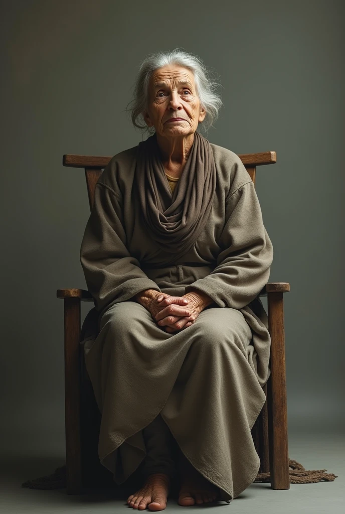 An elderly woman sits with her legs crossed on a wooden chair.