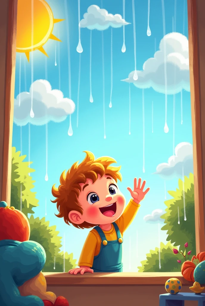 Here's a prompt based on the song:
"Create a playful and colorful illustration that captures the essence of a rainy day turning into a sunny one. The scene shows a cheerful child looking out of a window as the rain starts to clear. The rain clouds are parting, revealing a bright, sunny sky. The child is smiling, with a hand raised as if waving goodbye to the rain. In the background, toys and outdoor play equipment are ready for action once the rain stops. The atmosphere is light-hearted, with a feeling of anticipation and joy."