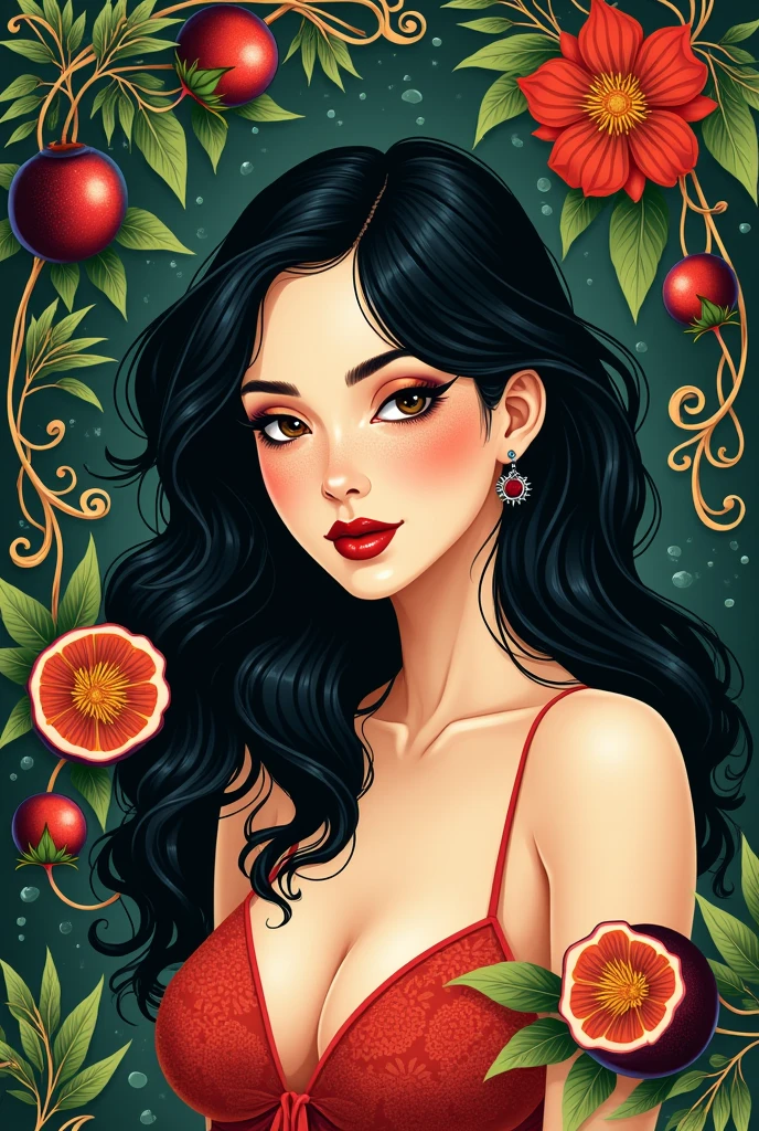 Create a label for a passion fruit wine that says Passion Bisslick by Miranda Bisslick as the title, that looks delicate, sexy and fine and with the chinola fruit in the tropical forest with a black-haired woman with a white, dark complexion