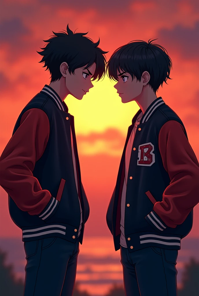 The cover of a book.

Two teenage boys, dressed in dark blue suit-type trousers.

A black varsity jacket with red sleeves facing each other with serious expressions. The lines of the jacket are white except for the pockets..

Both with black hair.

One of the boys is a little shorter than the other.

In the background a sunset. 

The boys have North American features.

Super realistic textures 