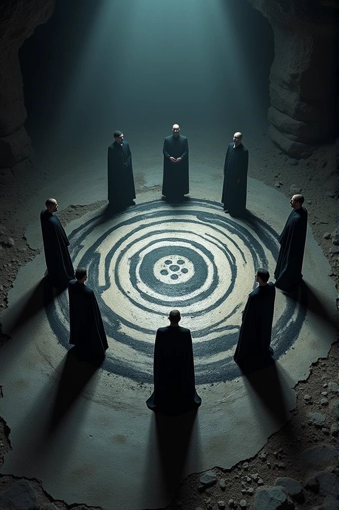 (Six men) wearing black robe, surrounding a huge black circle magic jin painted on a dark underground floor