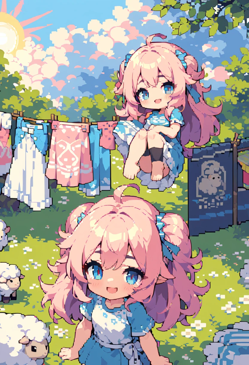 masterpiece, Highest quality, 8k, Pixel art, Pixel art, Vivid, Sheep, woman, 若いwoman, smile, cute, Directed at an angle, Open your mouth, Fluffy hair, Long Hair, Hair like sheep's hair, Pink Hair, eyebrow, 太いeyebrow, Hanging out the laundry, White sheets, sun, blue sky, Wipe your forehead with your arm