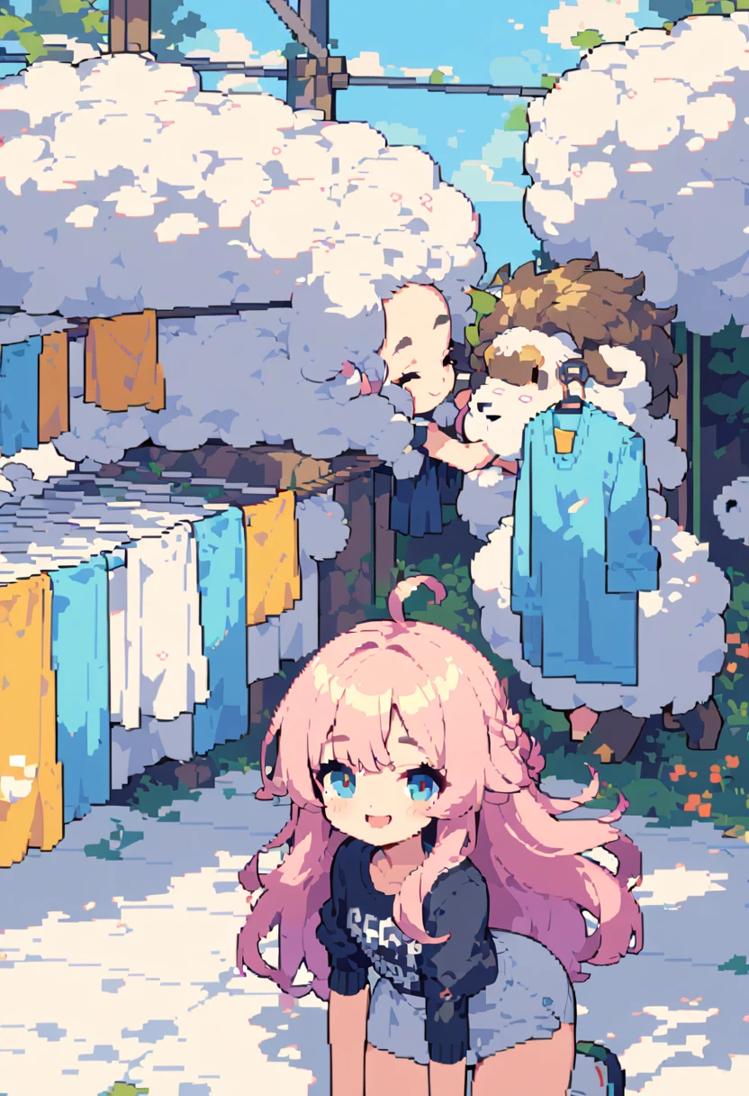 masterpiece, Highest quality, 8k, Pixel art, Pixel art, Vivid, Sheep, woman, 若いwoman, smile, cute, Directed at an angle, Open your mouth, Fluffy hair, Long Hair, Hair like sheep's hair, Pink Hair, eyebrow, 太いeyebrow, Hanging out the laundry, White sheets, sun, blue sky, Wipe your forehead with your arm