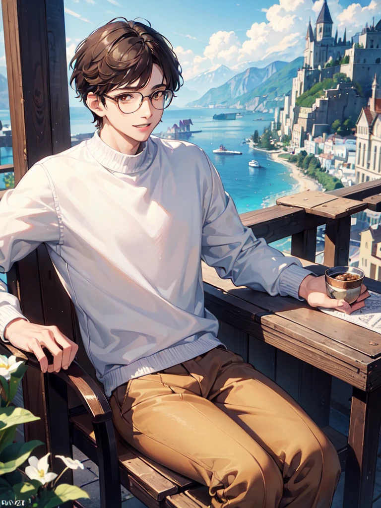 ((masterpiece, Highest quality)), Detailed face, One boy, Young Boy, White sweater, Brown eyes, (((Highest quality))), short hair, Brown Hair, Stylish glasses, A kind smile ,Very beautiful boy ,Gentle young man, Landscape