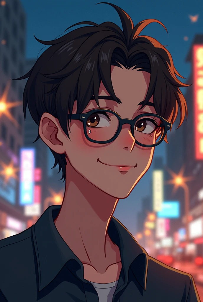 Man in his 30s、Adult male、Teardrop、Brown eyes、Brown Hair、thin frame glasses、Droopy eyes、A frivolous smile、A little long hair、Anime style illustrations、The background is a night city、Fanning angle