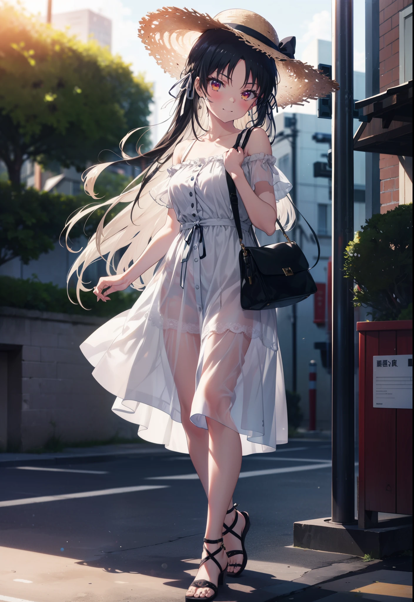 Suzune Horikita, suzune horikita, Long Hair, Black Hair, (Red eyes:1.3), Hair Ribbon, Braiding,blush,smile,Straw hat,Cold Shoulder Shirt,Short sleeve,Long skirt,Cute heeled sandals,Walking,whole bodyがイラストに入るように,
break outdoors, Building district,
break looking at viewer, whole body,
break (masterpiece:1.2), Highest quality, High resolution, unity 8k wallpaper, (figure:0.8), (Beautiful attention to detail:1.6), Highly detailed face, Perfect lighting, Highly detailed CG, (Perfect hands, Perfect Anatomy),