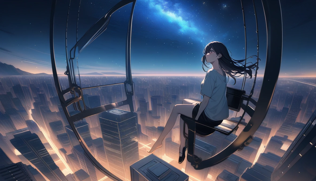 Highest quality、Ultra-fine、16K、Ridiculous、Very detailed、Beautiful woman sitting on a swing suspended between two skyscrapers、Gazing into the distance、Wearing a long, loose T-shirt、Attractive appearance、Wind、Wind効果、Starry night view、(Spectacular views:1.1)、Clockpunk
